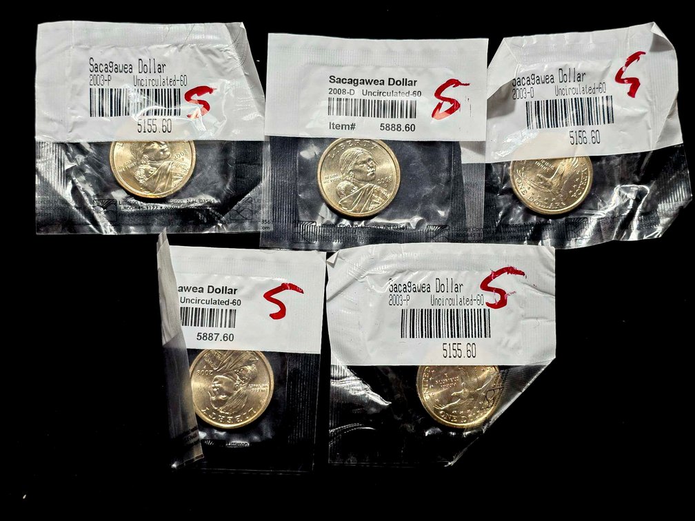 Five Sacagawea Dollar Coins in Littleton Coin Co. Packaging