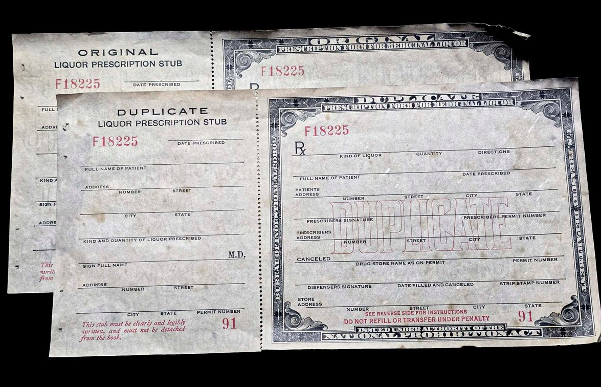 Prohibition-era U.S. Liquor Prescription Forms, Original and Duplicate