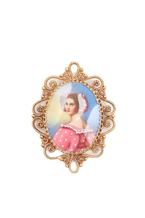 14K Gold Reverse Painted Brooch- 9.46 G