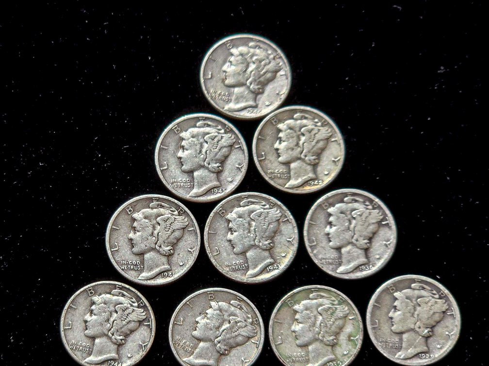 10 Mercury Dimes, United States, 1916-1945