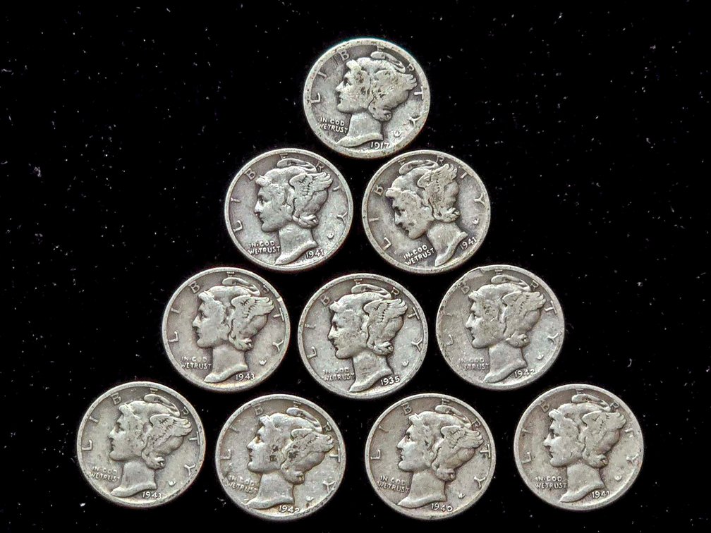 10 Mercury Dimes, USA, 1916–1945