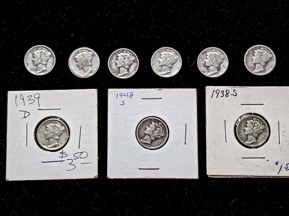 Mercury Dimes Including 1938-D, 1940-S, and 1938-S