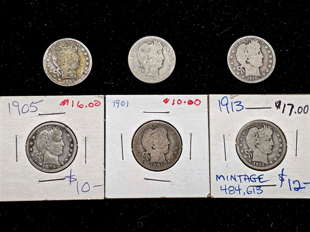 6 Barber Silver Dimes (1905, 1910, 1913, and Others)
