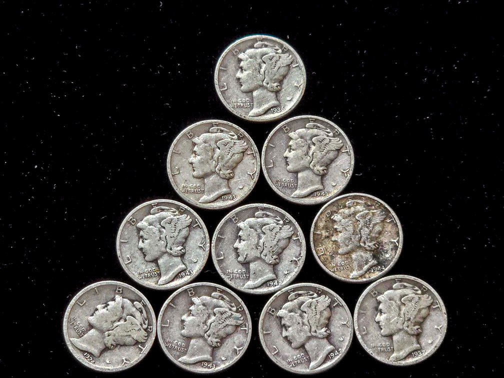 10 U.S. Mercury Dimes, 1916-1945, 90% Silver