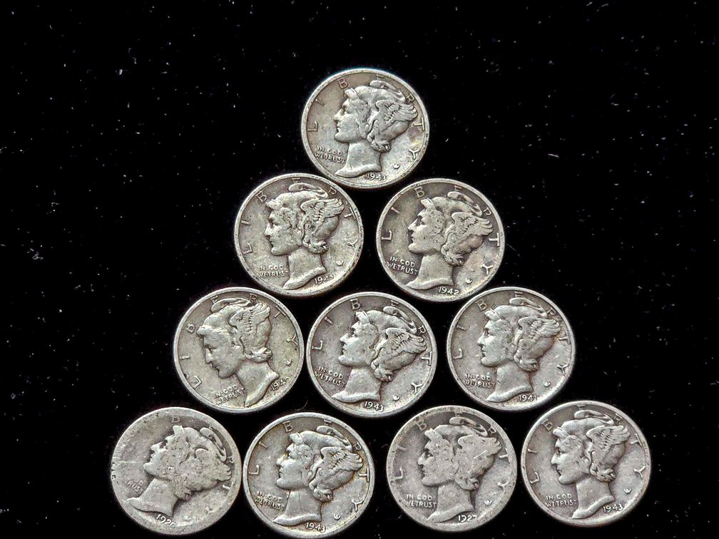 10 Mercury Silver Dimes, United States Mint