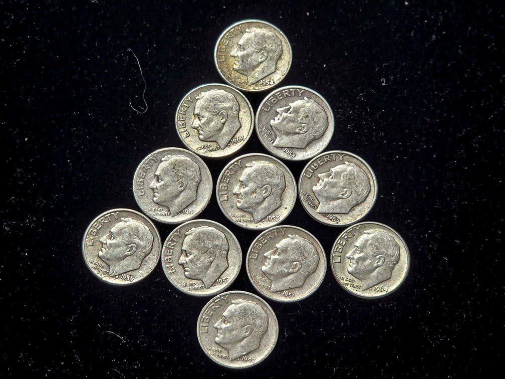 11 U.S. Roosevelt Dime Coins Made of Clad Composition
