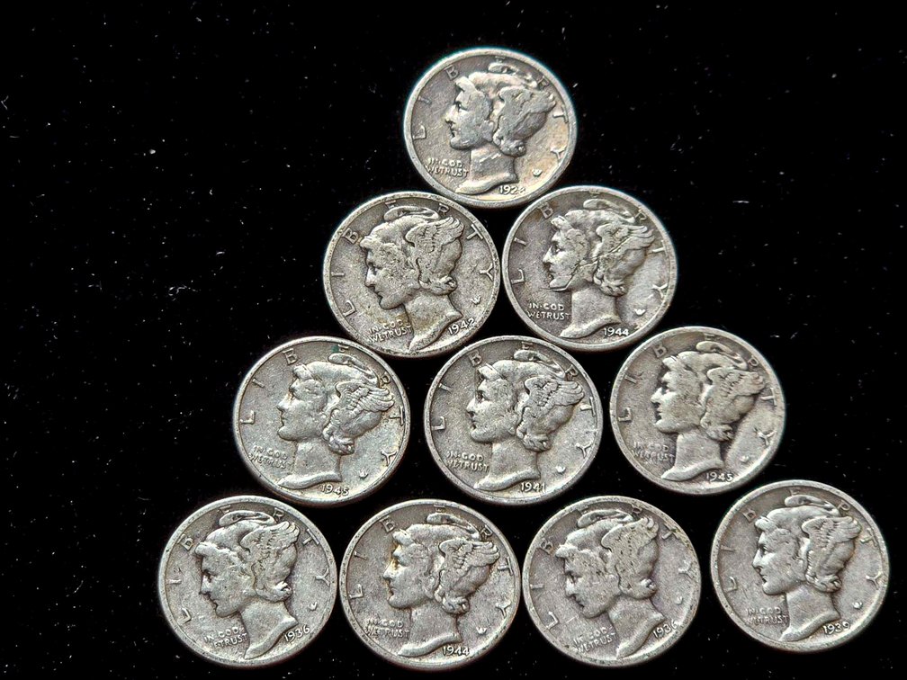 Ten Mercury Dimes, United States, 1916-1945