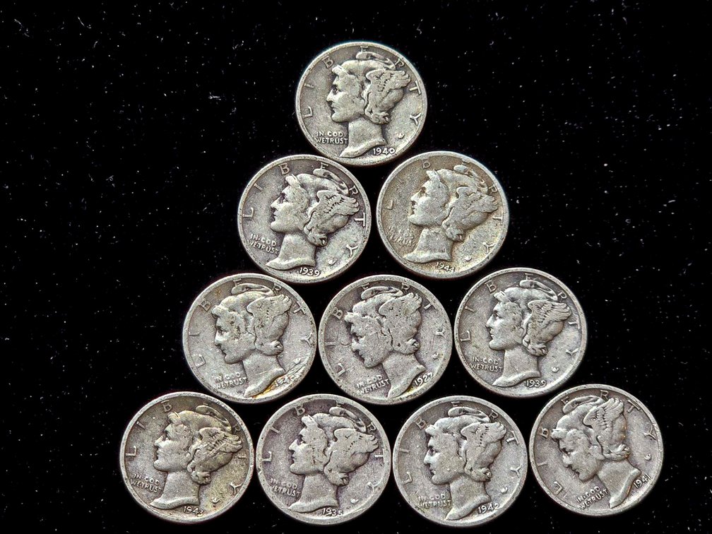 10 United States Mercury Dimes, 90% Silver, 1916–1945