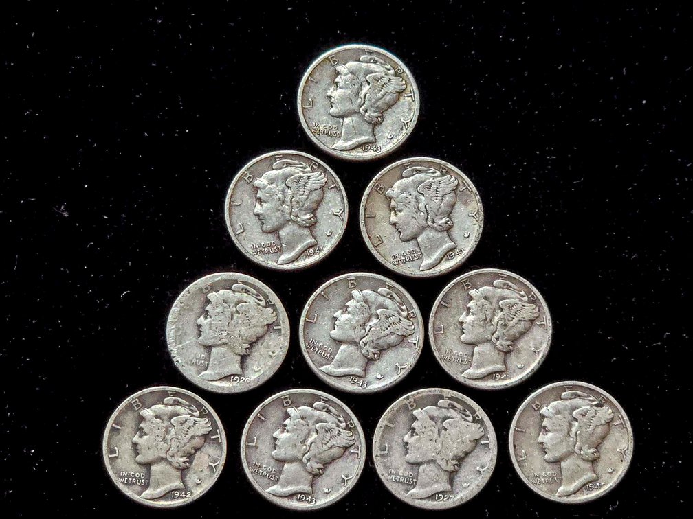 10 U.S. Mercury Dimes, 1916-1945 Silver Coins
