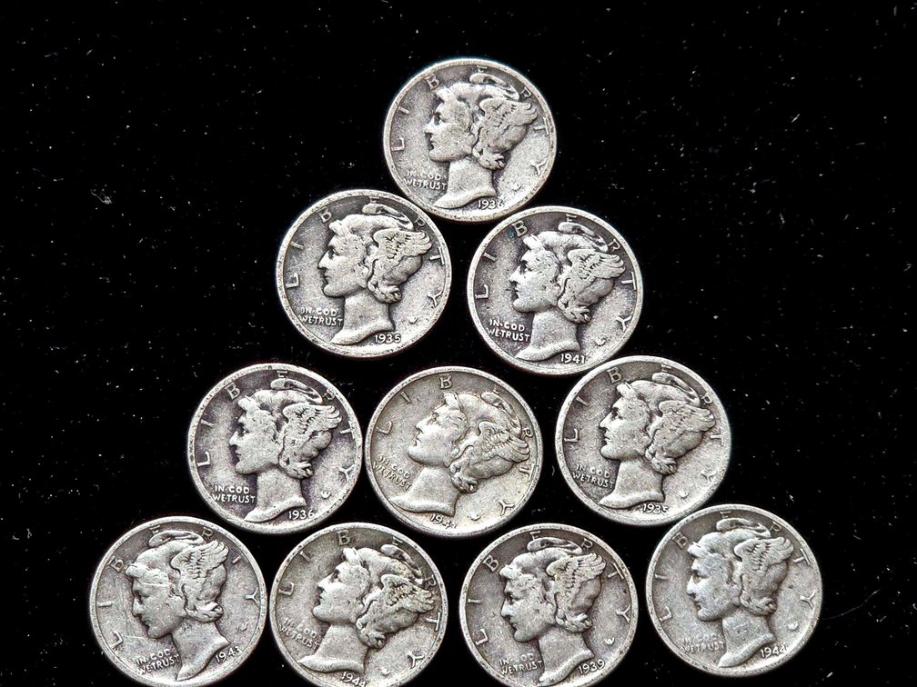 10 Mercury Dimes, United States, 90% Silver