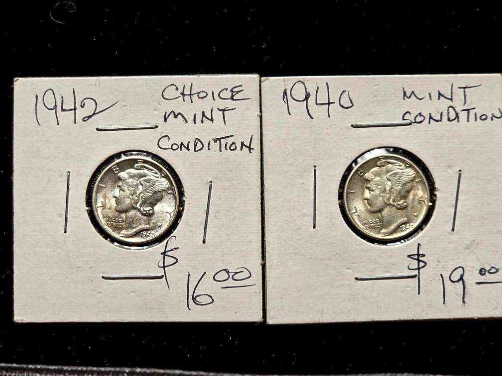 1940 and 1942 Silver Dimes in AU Condition in Cardboard Holders