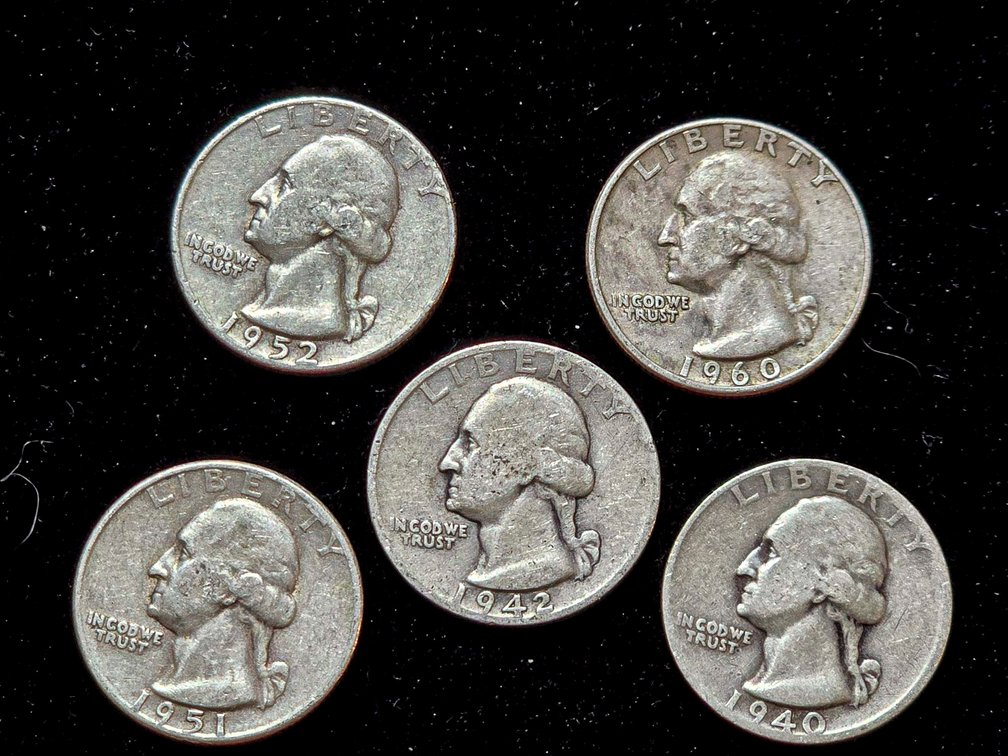 Five Silver Washington Quarters (1952-1960)