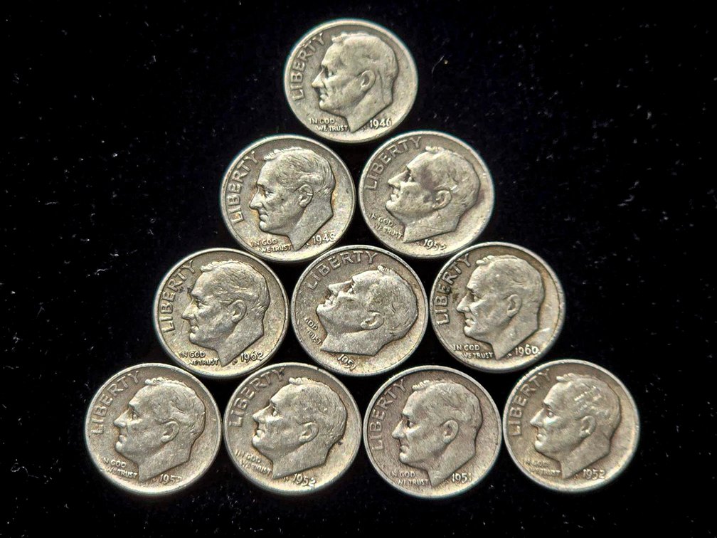 Ten Silver Roosevelt Dimes, U.S. Mint