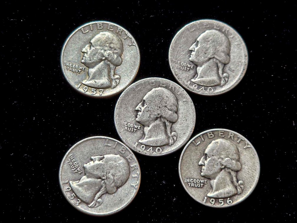 Five United States Silver Washington Quarters, 1956