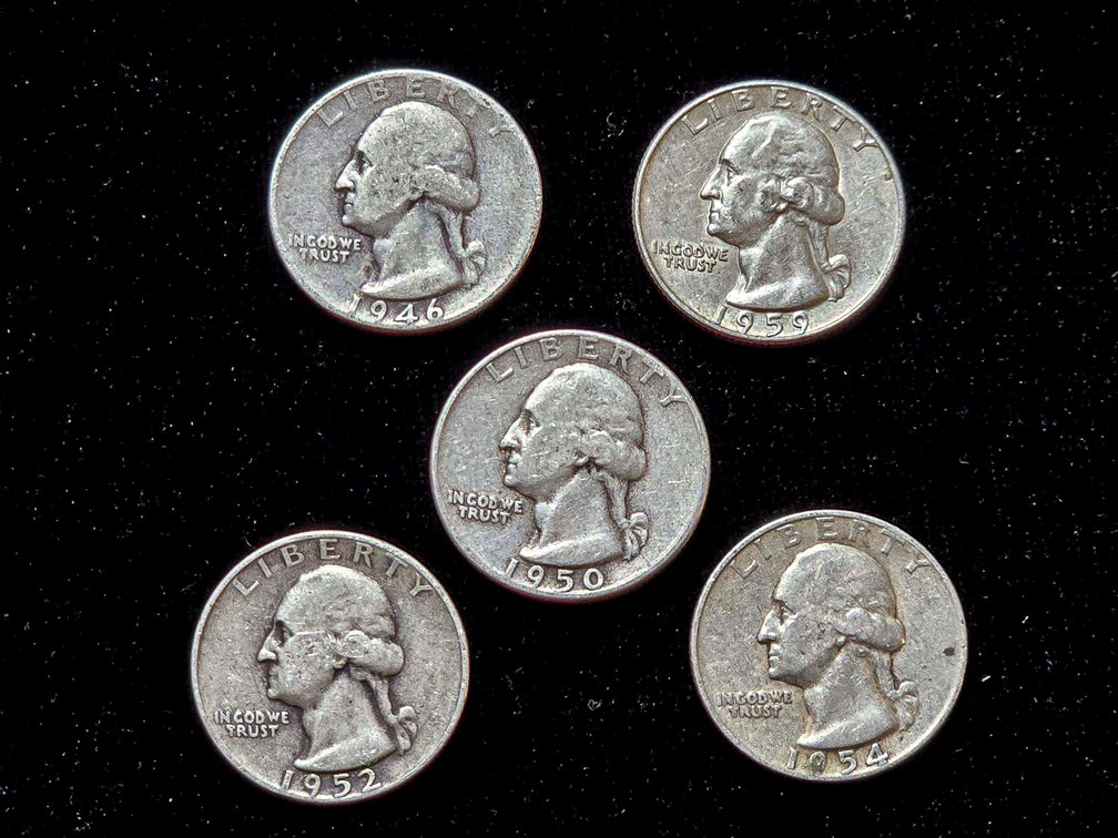 5 U.S. 90% Silver Washington Quarters (1952, Various Mint Marks)