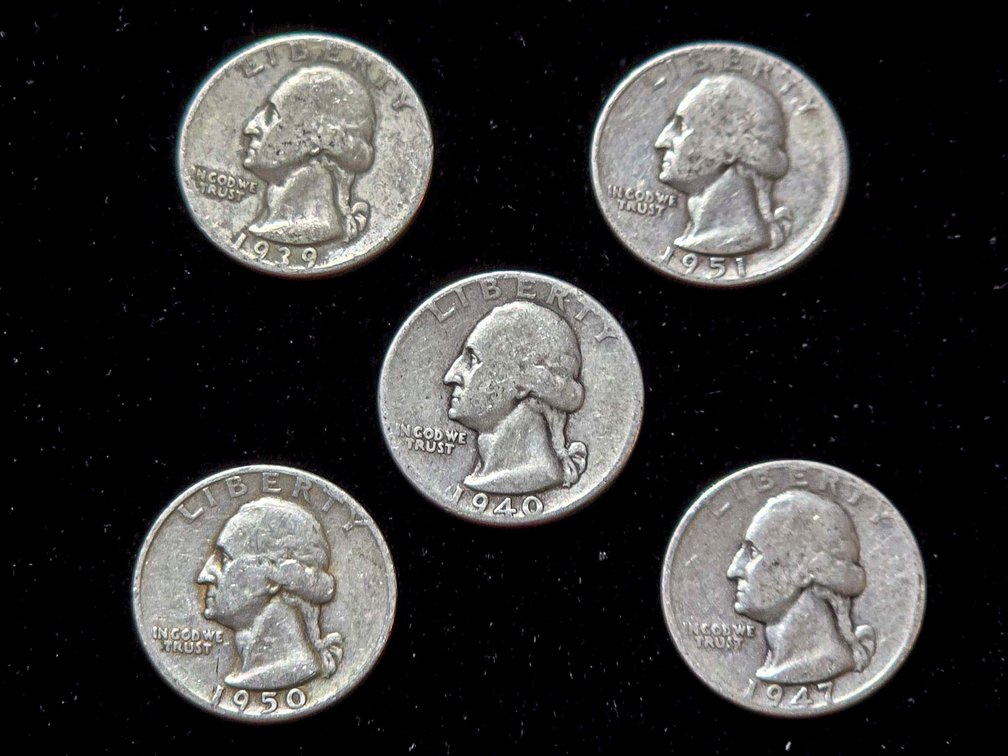 5 U.S. Washington Silver Quarters (1940s-1950s)