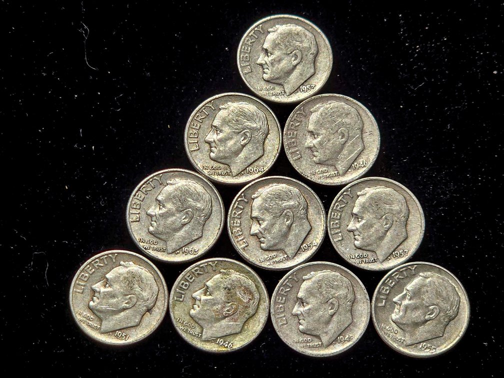 10 Silver Roosevelt Dimes, Circulated