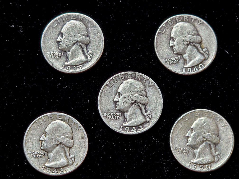 Five Washington Silver Quarters (1941-1945)