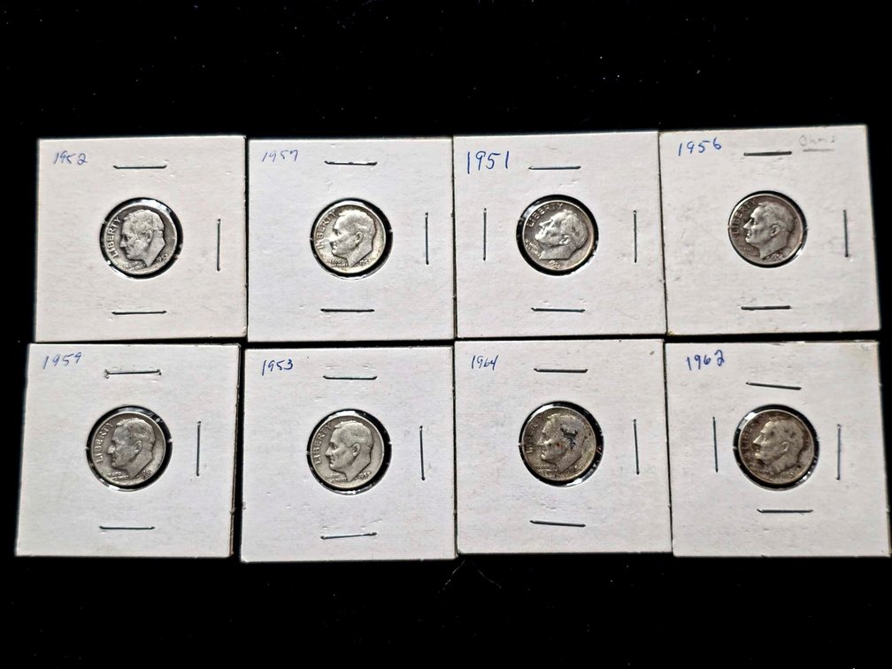 Eight Roosevelt Silver Dimes in Cardboard Holders