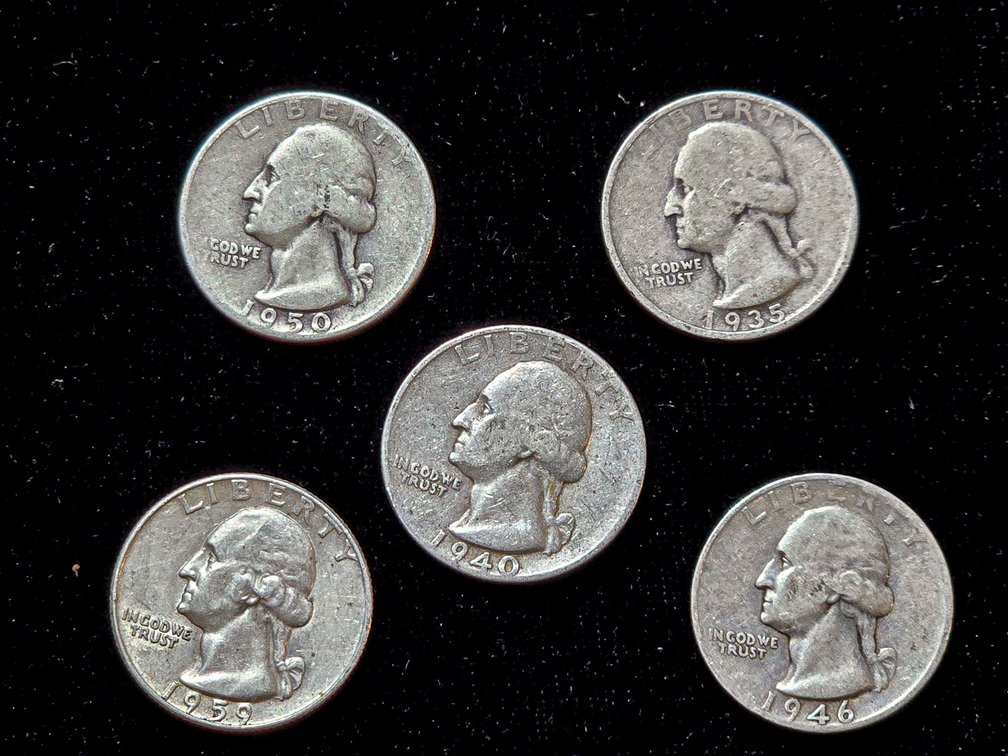 Five  U.S. Silver Washington Quarters