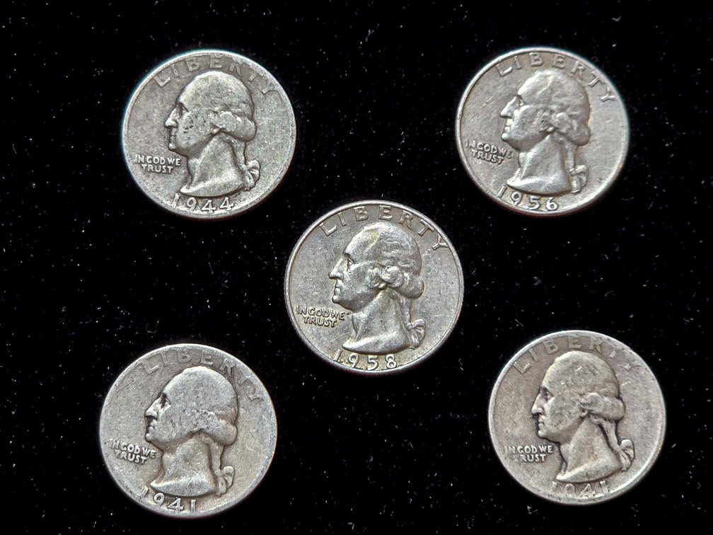 5 Washington Silver Quarters 