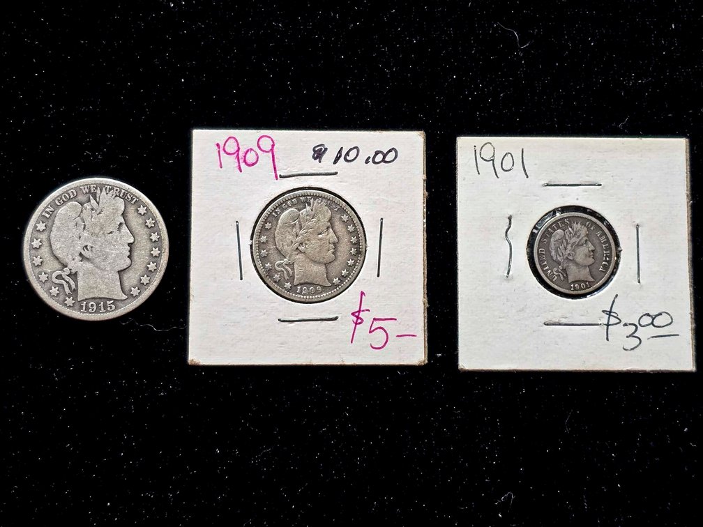 Three U.S. Barber Coins: 1915 Half, 1909 Quarter, and 1901 Dime