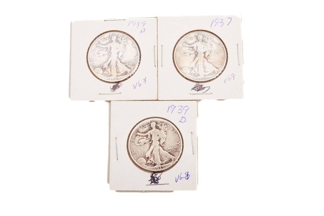 3 x Walking Liberty Silver Half Dollars- 90%