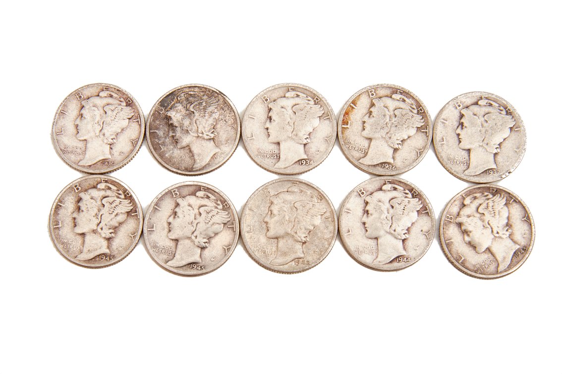 10 U.S. Mercury Dimes, 90% Silver Composition