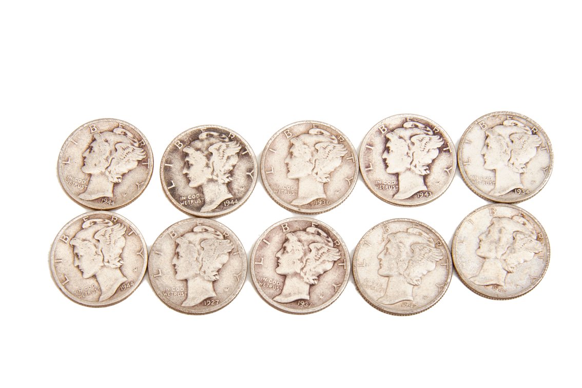 10 U.S. Mercury Dimes, 90% Silver Composition