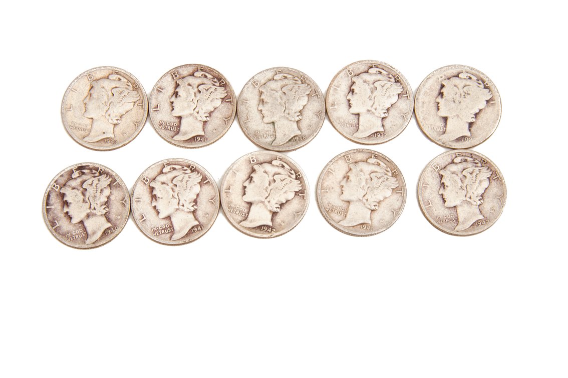 10 U.S. Mercury Dimes, 90% Silver Composition