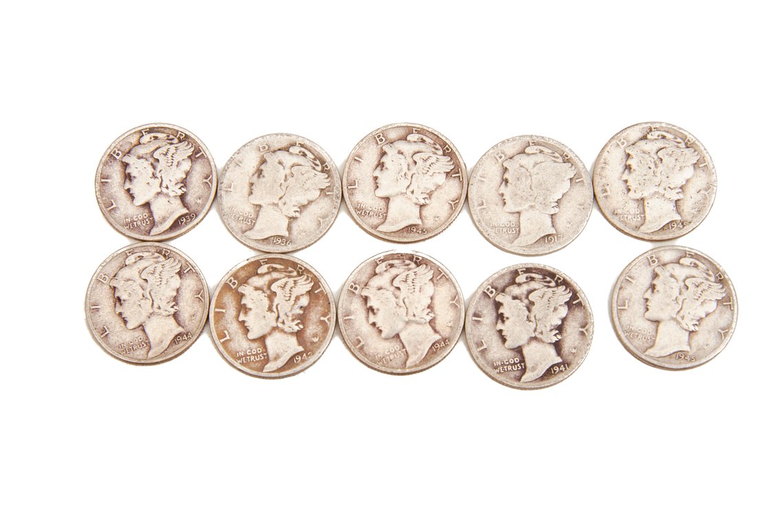 10 U.S. Mercury Dimes, 90% Silver Composition