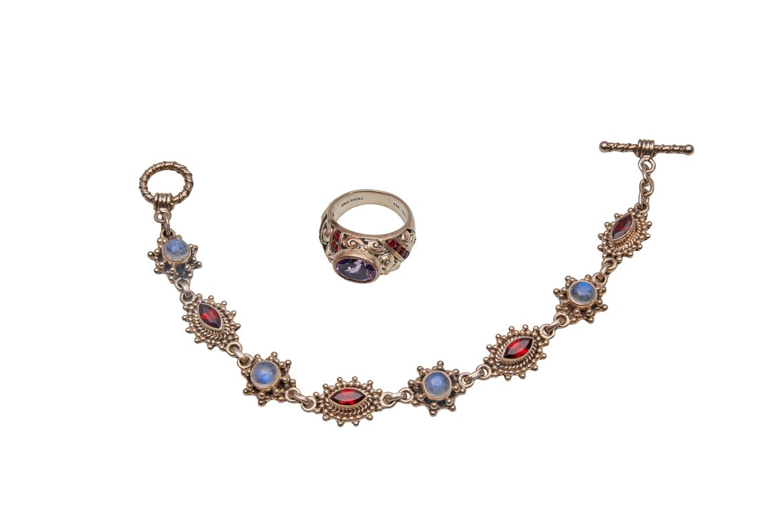 Sterling Silver Bracelet & Ring w/ Gemstones- 32 G