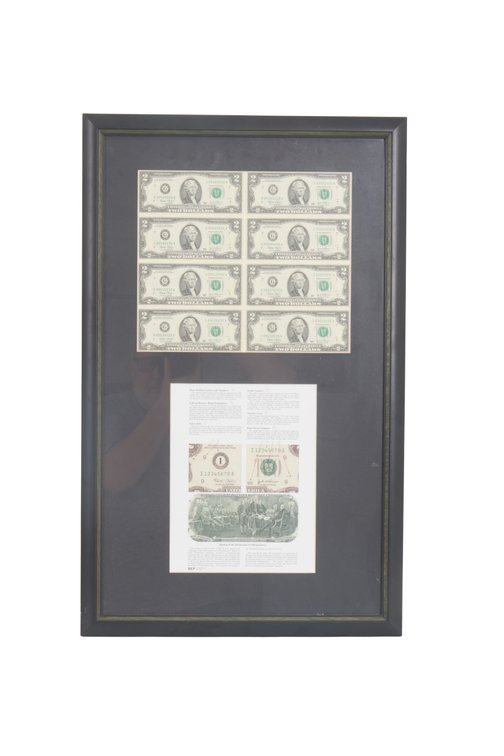 Framed US $2 Bill Sheet- 8 Note Sheet