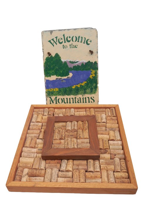Painted Slate Mountain Sign+ Framed Cork Wall Art