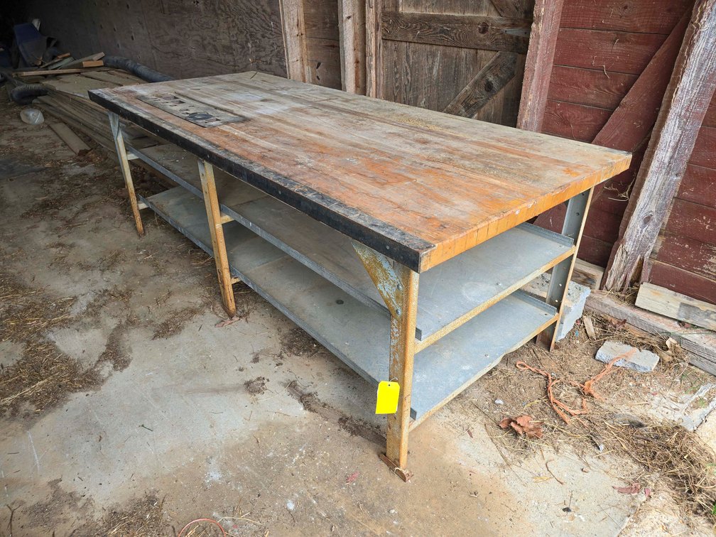 8' Long Metal and Wood Workbench with Shelving