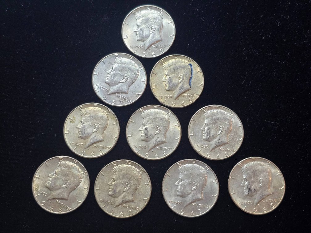 10 Kennedy Half Dollars, 40% Silver Composition