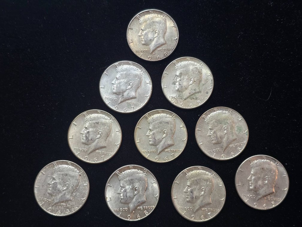 10 United States Kennedy Half Dollars, 40% Silver