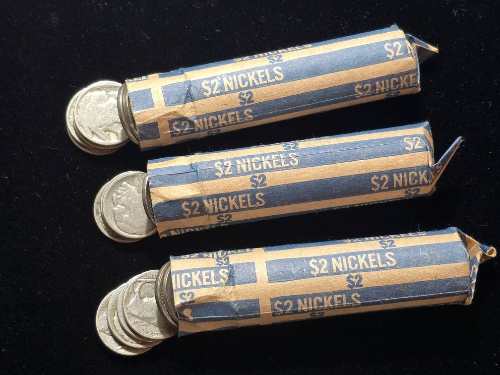 Three Rolls of Buffalo Nickels in Various Dates and Conditions