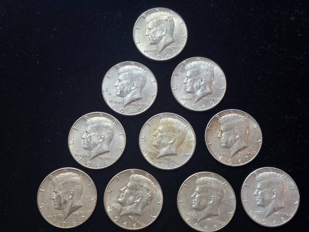 10 United States Kennedy Half Dollars, 40% Silver Content