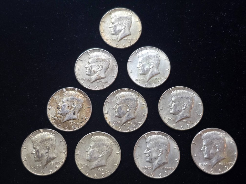 10 U.S. Kennedy Half Dollars in 40% Silver
