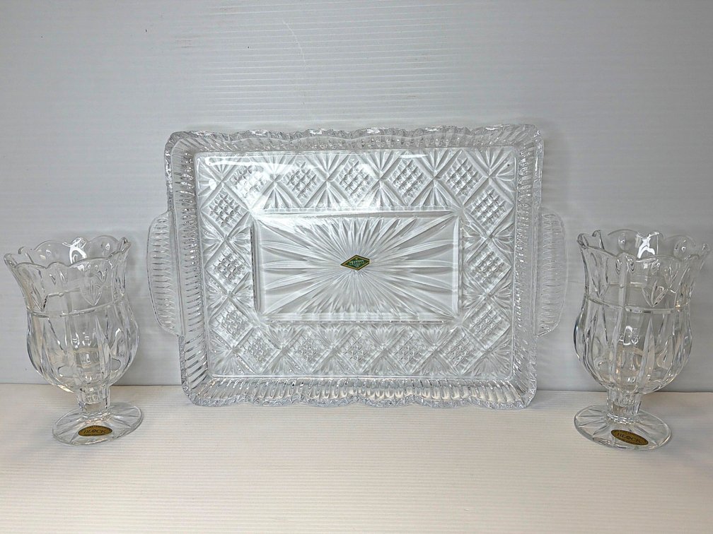 Shannon Crystal Tray and Pair of Block Lead Crystal Vases