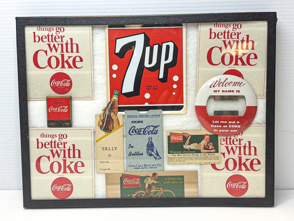 Coca-Cola and 7-Up Advertising Memorabilia Collection Shadowbox