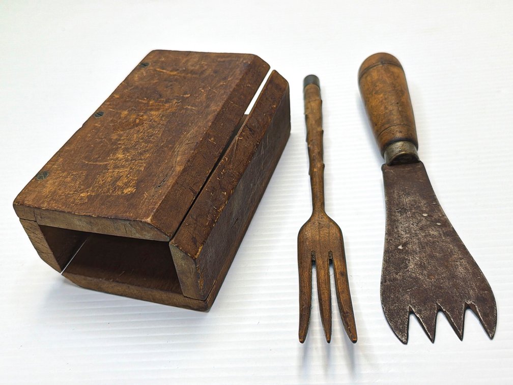 Antique Butter Mold, Ice Chipper, and Branch-Handled Salad Fork
