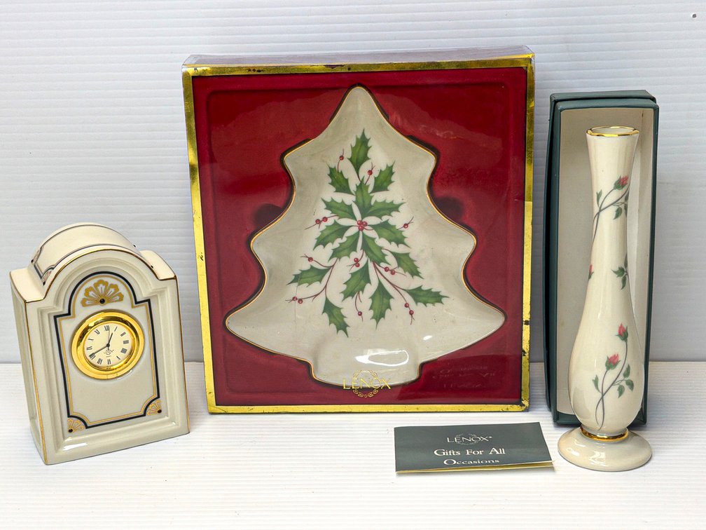 Lenox Holiday Tree Dish, Mantel Clock, and Rosebud Vase Set