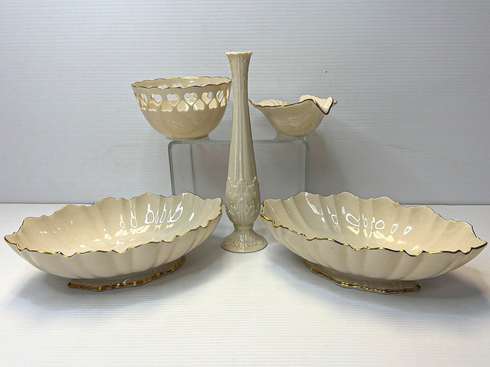 Lenox Porcelain Set with Gilded Accents, Including Bowls, Vase, and Dish