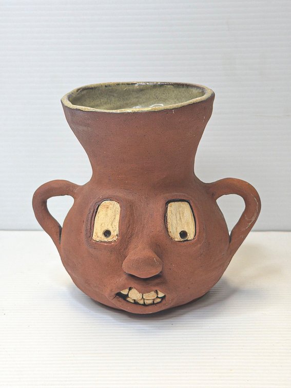Signed Terra-Cotta Face Jug w/ Salt Glazed Interior 