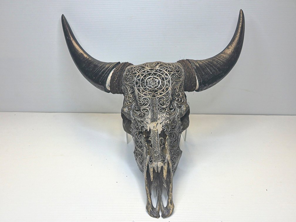 Full Size Carved Buffalo Skull with Intricate Decorative Engravings