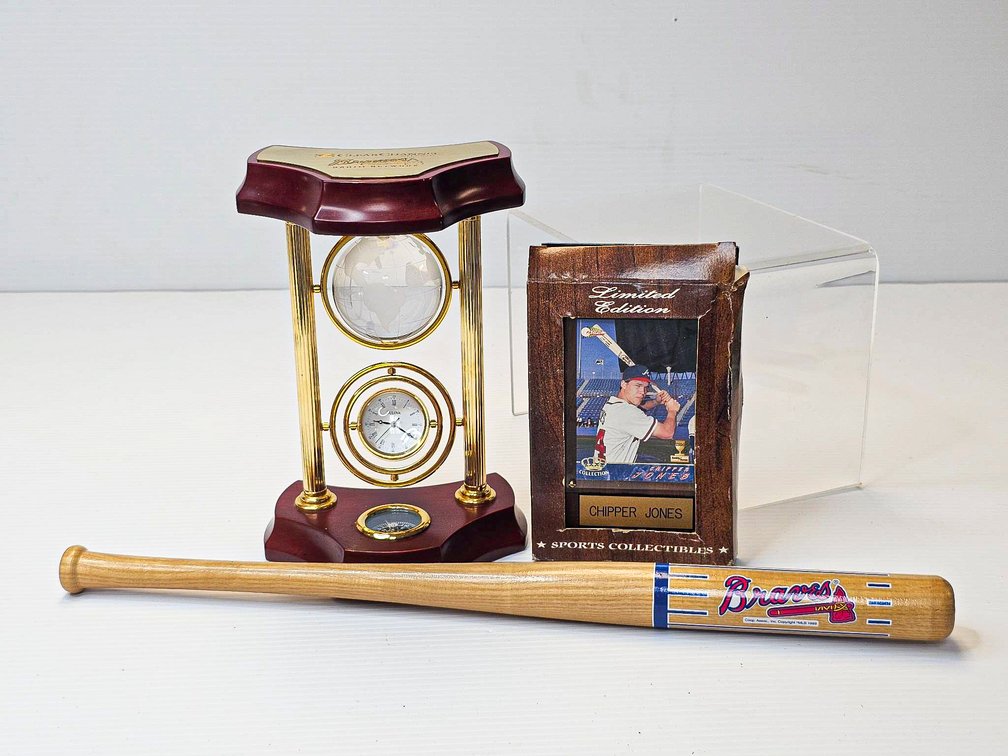 Atlanta Braves Memorabilia Lot: Bulova Display, Mini Bat, and Chipper Jones Plaque