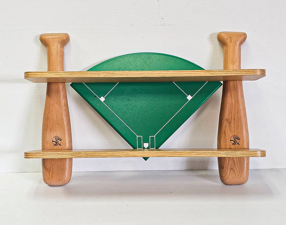 Baseball-Themed Wooden Display Shelf with Bat Design and Infield Motif