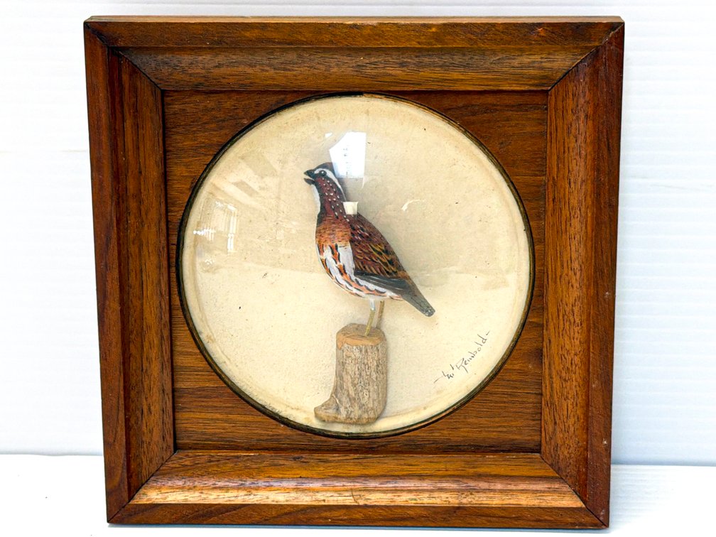 Hand-Signed Mid-Century Diorama of Carved Northern Bobwhite Quail by William ‘Bill’ Reinbold